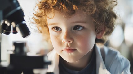 Curious Child Exploring with Microscope: Inspiring Young Scientist in Lab Coat