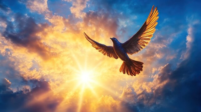 Graceful Angel Spirit Soaring Through Blue Clouds