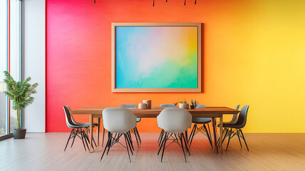 The modern dining room with various furniture, office space with frame and colorful furniture, vintage interior design living room with an empty mockup with a colorful painted frame on the wall.