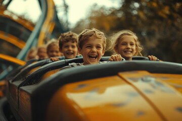 Joyful kids on a thrilling roller coaster ride. This image perfectly captures the excitement and fun of a family day out at an amusement park.