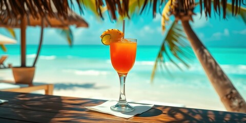 A Tropical Cocktail on a Beachside Table with Palm Trees and a Blue Ocean in the Background