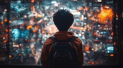 Multifaceted Distance Learning Student Surrounded by Floating Subject Displays