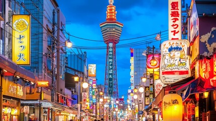Fototapeta premium Evening Street Food Scene in Osaka with Locals