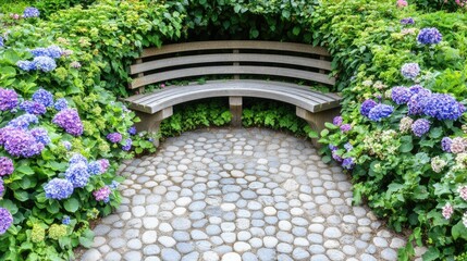 Serene Garden Rustic Bench Amidst Blooming Hydrangeas and Cobblestone Path