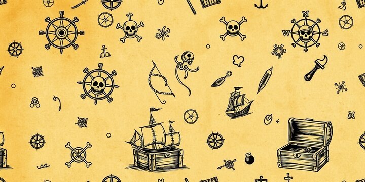 A whimsical pattern of hand-drawn nautical illustrations and pirate symbols, featuring ships, skulls, treasure chests, and compasses, all on a vintage parchment background.