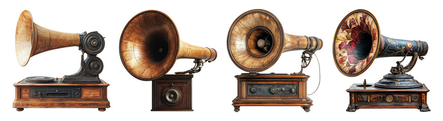 Vintage Gramophones on Transparent Background