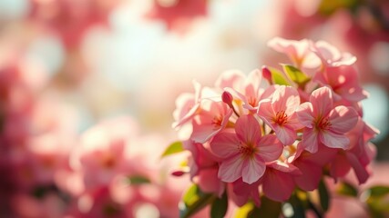 Delicate pink blossoms in soft focus, bathed in warm sunlight, creating a dreamy and ethereal ambiance.