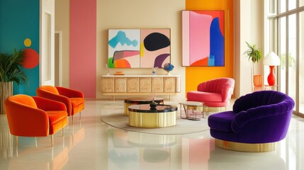 A modern reception area designed with vibrant pops of color in furniture and decor, paired with neutral walls and polished floors for balance
