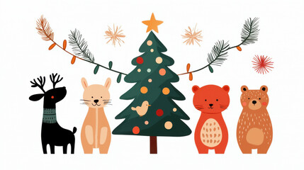 Fototapeta premium Festive animals gather around colorful Christmas tree with joy