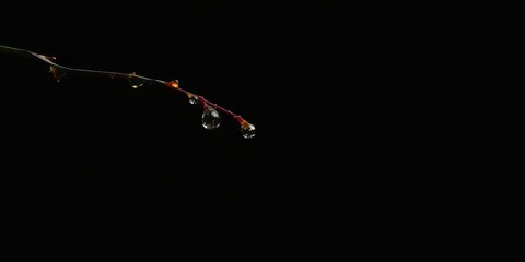 A single twig with raindrops hanging from it against a dark background, highlighting the delicate beauty of nature's details