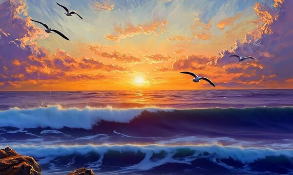 A vibrant sunset over ocean waves, with birds soaring in the colorful sky.