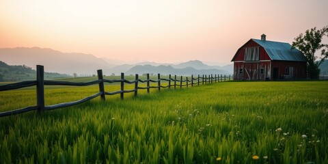 A rustic red barn stands majestically against a backdrop of rolling hills as the sun sets, casting a warm glow across a vast expanse of green fields, bordered by a weathered wooden fence.