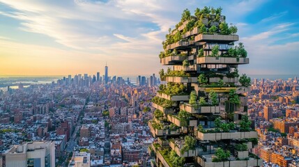 Obraz premium Urban Jungle: Green Architecture Transforming New York City Skyline at Sunset