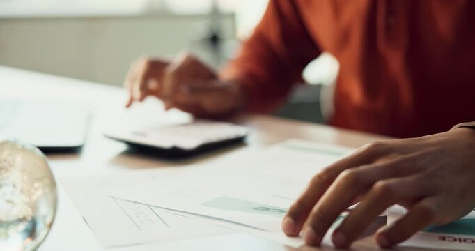 Hands, document and calculator as accountant with audit, planning and accounting for finance agency. Person, bookkeeping and corporate taxes for loan, paperwork or payroll in asset management or bank