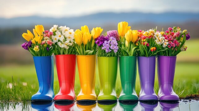 Colorful Rain Boot Planters with Spring Flowers in Vibrant Outdoor Display