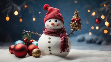 A snowman holding Christmas balls-