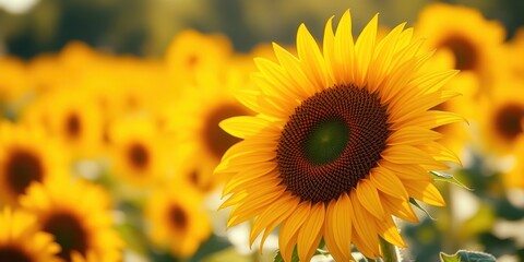 Fototapeta premium A vibrant sunflower with golden petals stands tall, basking in the warm sunlight, surrounded by a field of its brethren, creating a breathtaking display of nature's beauty.