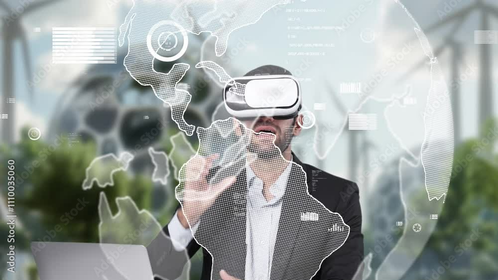 Poster project manager turn vr glasses on and present idea while looking at global communication hologram f