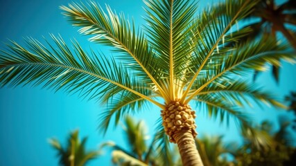 Fototapeta premium A Lush Palm Tree Stands Tall Against a Vibrant Blue Sky, Its Fronds Reaching Upwards as if to Touch the Clouds.