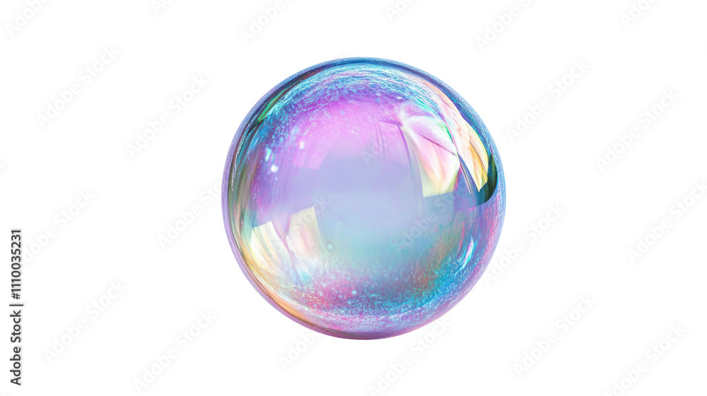 Poster a shimmering soap bubble reflecting various colors and light, showcasing its delicate and translucen