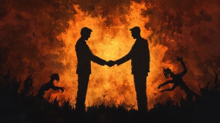 Obraz premium Deal with the Devil: Smiling Lawyer Shaking Hands with Sinister Motives Amidst Demonic Flames