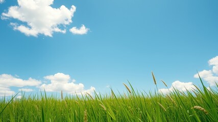 Obraz premium A vibrant green grassy field reaches towards a clear blue sky with fluffy white clouds