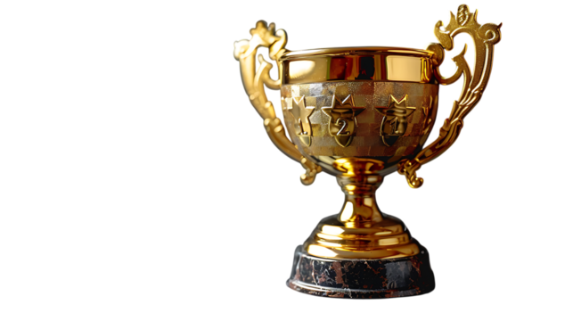 Hand holding a golden champion trophy on a transparent background.