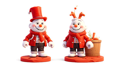 Fototapeta premium A cute 3D character of a snowman with a carrot nose, wearing a top hat and red mittens, holding a small gift box, with a shiny, smooth finish, isolated on a transparent background.