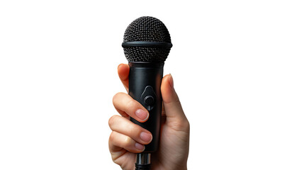 Hand holding a microphone on a transparent background.