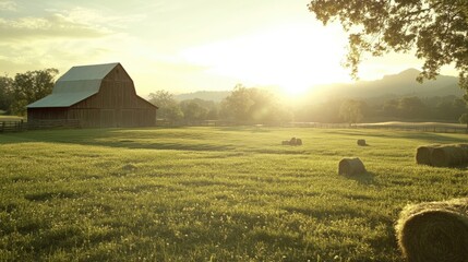 Pastoral Farm Scene at Sunset with Rolling Meadows, Hay Bales, and Classic Wooden Barn -Generative AI