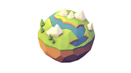 A stylized 3D representation of Earth featuring mountains, trees, and water, emphasizing a playful and creative interpretation of landscapes.