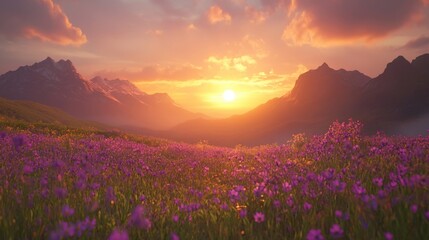 Fototapeta premium Sunrise Over Purple Wildflower Meadow with Majestic Mountain Peaks in Background - Generative AI