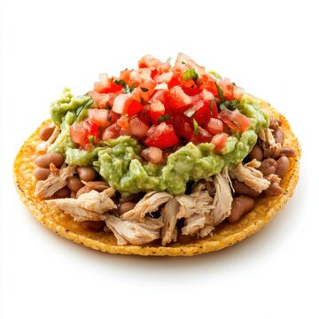 A Tex-Mex chicken tostada with refried beans, guacamole, and salsa
