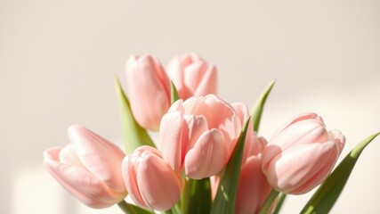 Obraz premium A bouquet of delicate pink tulips with soft petals and green stems, bathed in warm sunlight.