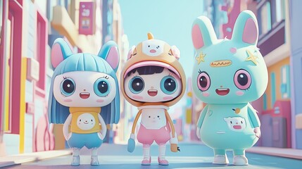 Fototapeta premium Cute Japanese Characters with Big Eyes and Unique Outfits