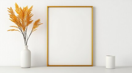 Golden Minimalist Rectangular Frame with Rounded Corners on White Background