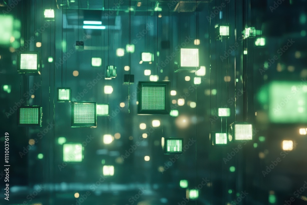 Poster glowing green cubes hang in dark space, creating an abstract, futuristic scene. perfect for tech, ai