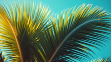 Fototapeta premium A blurred image of tropical palm leaves against a vibrant blue sky, showcasing the delicate beauty of nature in a soft and ethereal light.