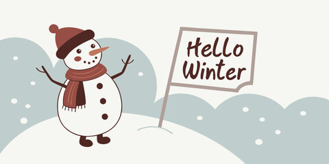 Hello Winter Cozy Snowman Background Greeting Illustration on a white background 