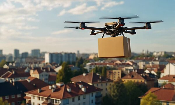 A drone is flying over a city, carrying a cardboard package, showcasing the rise of delivery technology in urban environments.