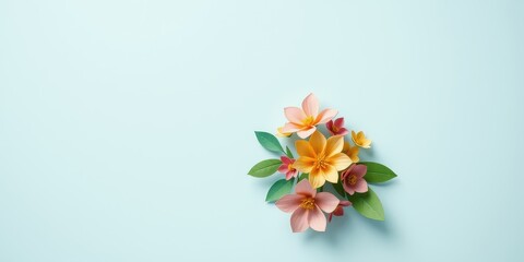 A delicate arrangement of paper flowers, boasting shades of pink and yellow, adorns a soft blue background, exuding a sense of springtime charm and handcrafted artistry.