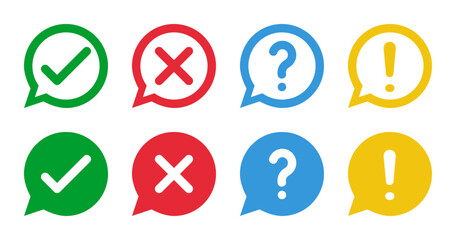 green check and red cross symbols, blue question mark and yellow exclamation point, round speech bubble thin line vector signs, solid fill circle icons set