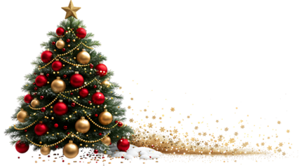 Red and gold Christmas tree on a transparent background.