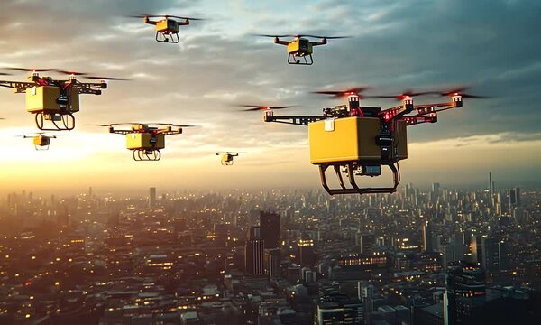 A fleet of delivery drones flying over a city skyline at sunset, showcasing advanced technology in urban logistics and transportation.