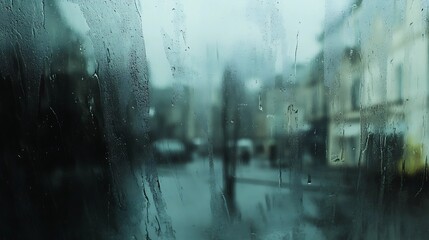 Naklejka premium Close-up of rain-soaked window glass with streaks and droplets, looking out to a blurred street scene with muted tones of gray and blue, capturing a melancholic yet peaceful rainy mood