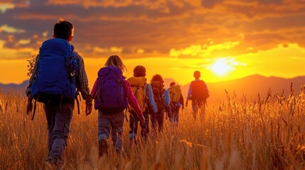 Sunset Mountain Trek: Young Hikers with Backpacks Help Each Other Climb