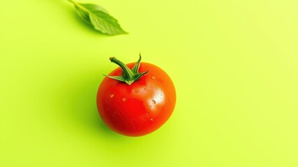 A single, ripe tomato with dew drops sits on a vibrant green background, symbolizing freshness and vitality.