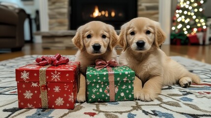Two Golden Retriever puppies sit beside Christmas presents. Perfect for holiday cards, websites, or pet-related content.