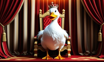 Naklejka premium Majestic duck reigns on ornate throne with royal crown in luxurious red drapes