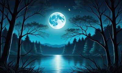Fototapeta premium Enchanting full moon over serene lake in mystical forest